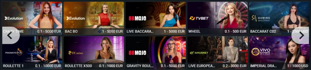 Prikaz Betandyou Live Kazino sekcije sa stolovima za rulet i blackjack uživo od Evolution Gaming i Pragmatic Play provajdera.