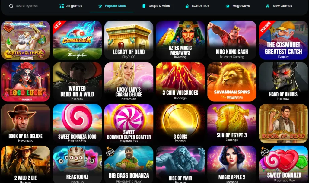 Izbor slot igara u Cosmobet kazinu s preko 8000 slotova od 96 provajdera