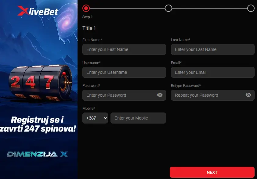 Prvi korak registracije na xlivebet.ba: ime, korisničko ime, e-mail, lozinka i broj telefona +387