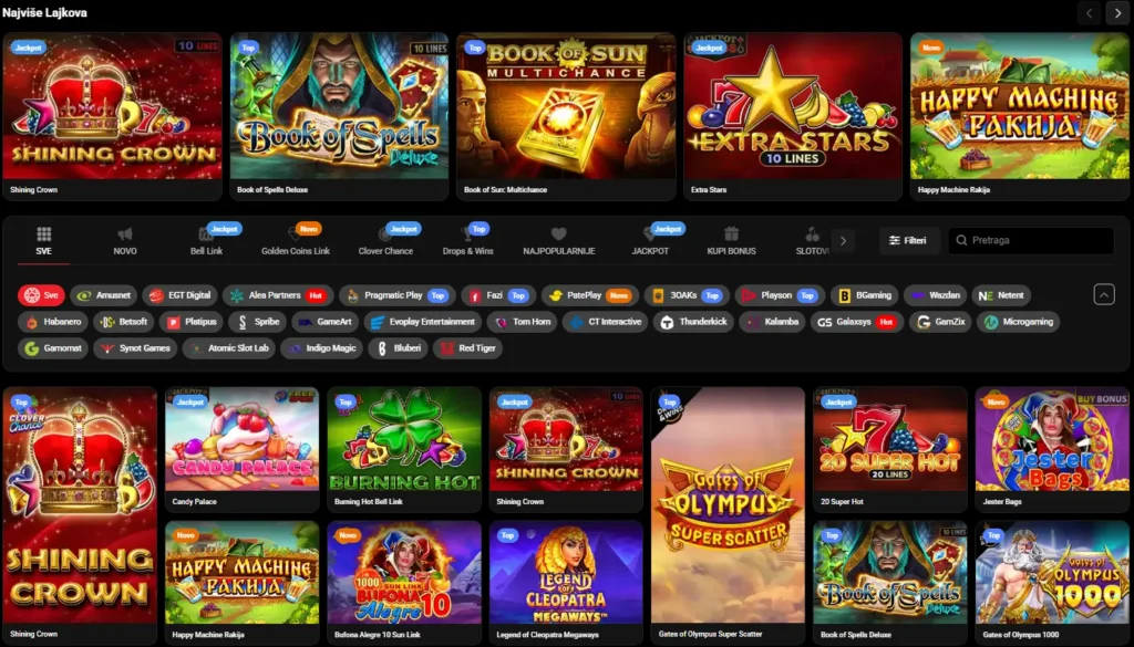 XLIVEBET casino lobi s EGT i Pragmatic Play slotovima poput Shining Crown i Gates of Olympus