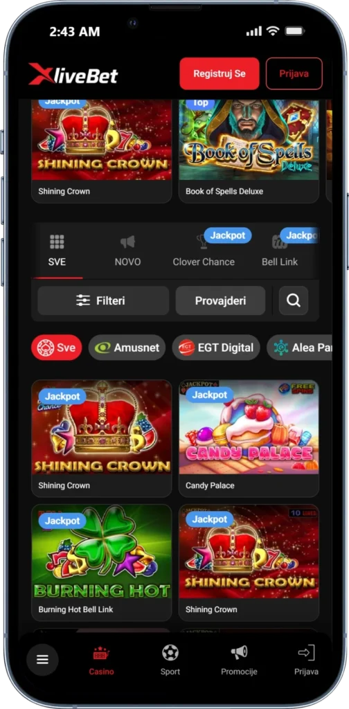 XLIVEBET mobilna verzija na telefonu: casino lobi s filterima provajdera i jackpot slotovima